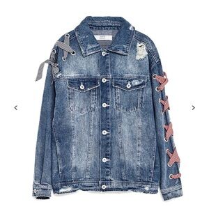 Zara Basic Dept. 👖💙❤️ Z1975 Oversized Distressed Denim Jean Jacket w/bows